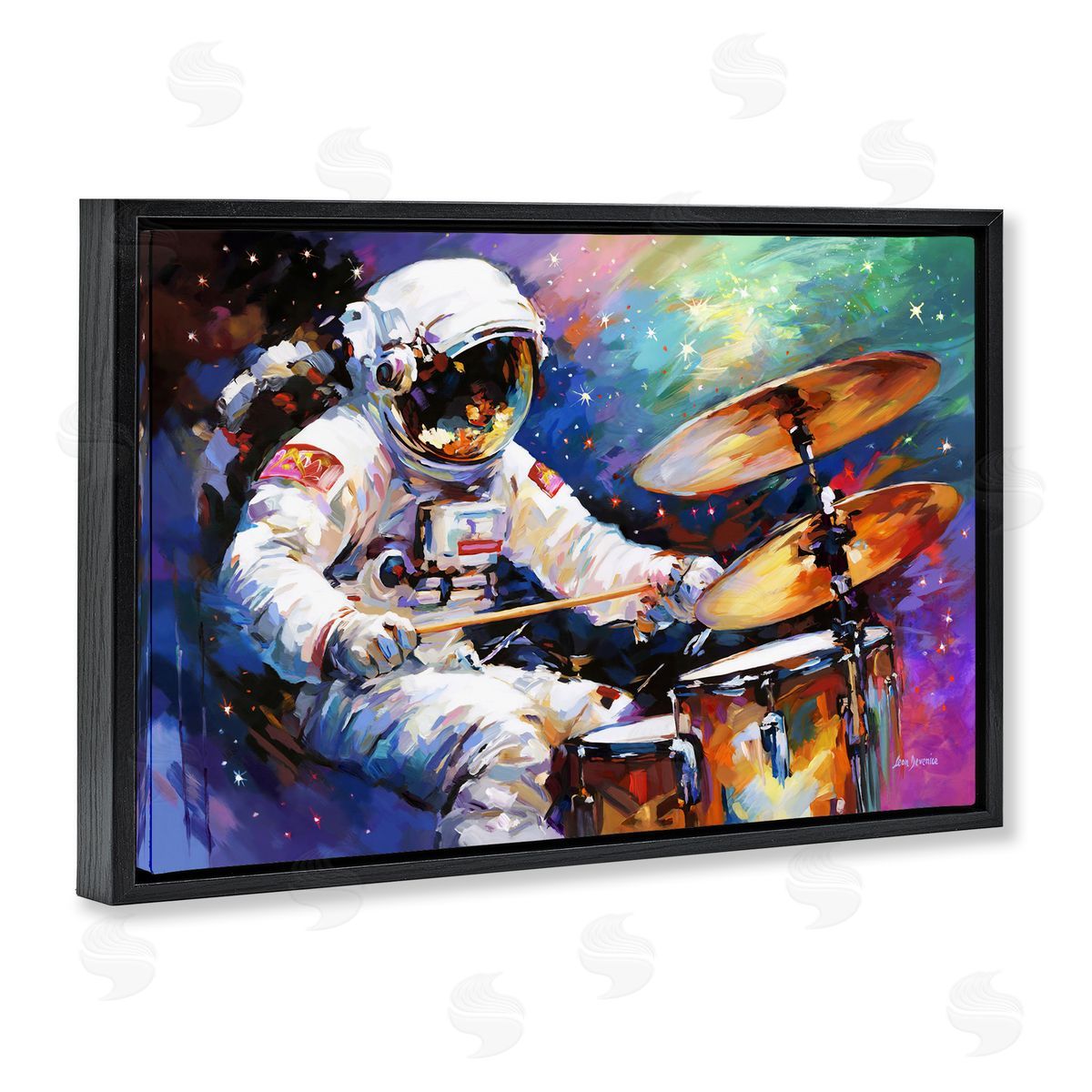 Leon Devenice Cosmic Drummer Musician Black Floating Frame Canvas Wall Art Print