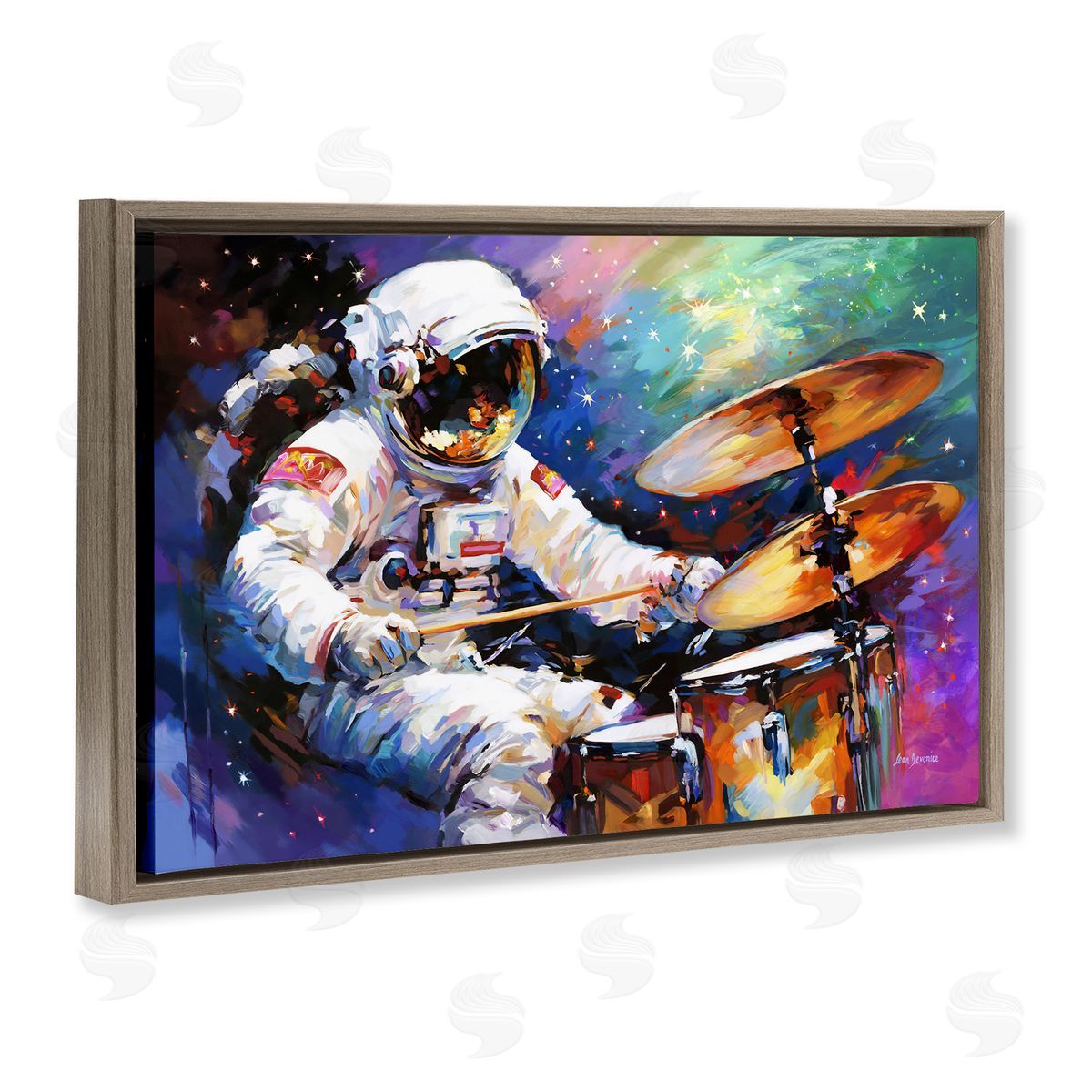 Leon Devenice Cosmic Drummer Musician Brown Floating Frame Canvas Wall Art Print