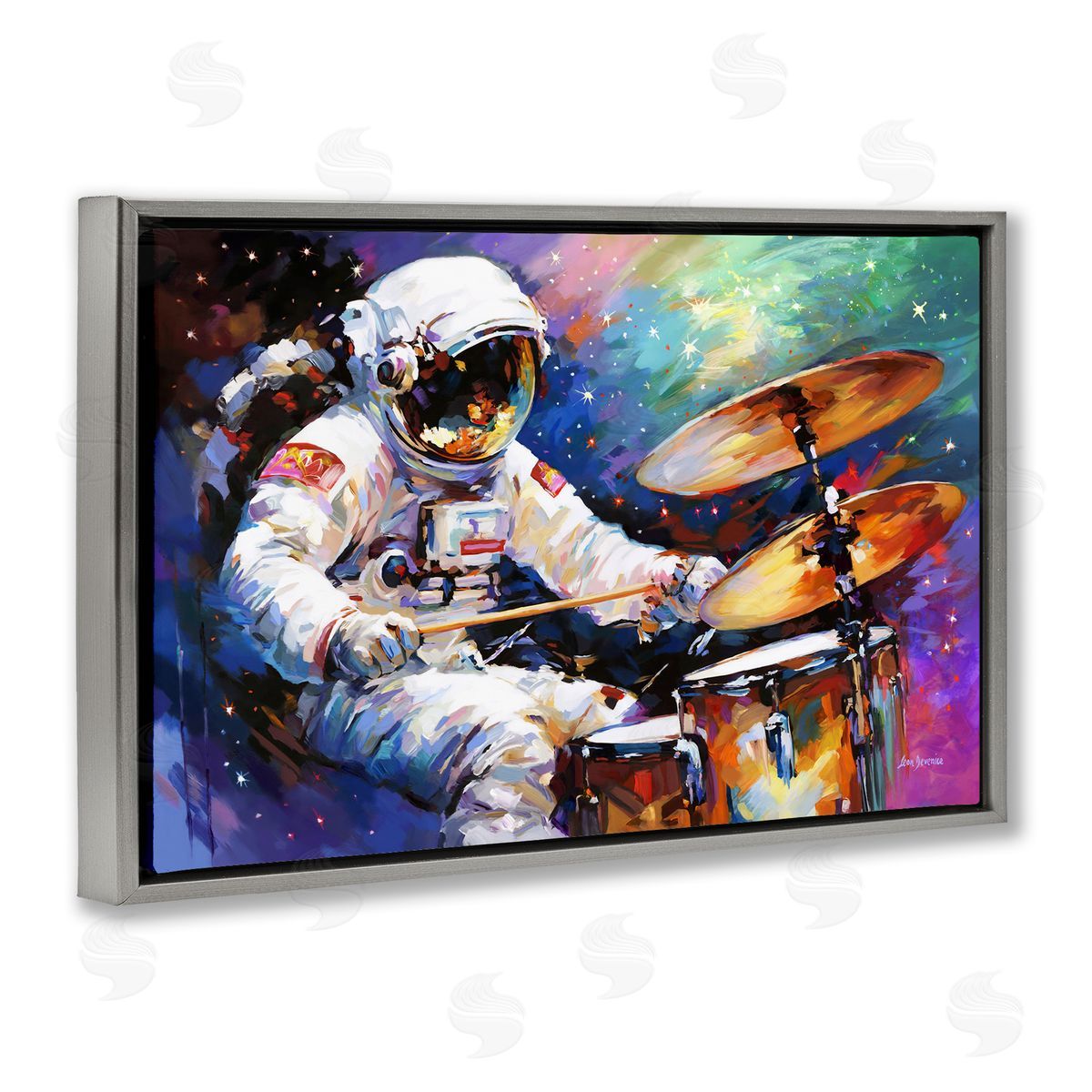 Leon Devenice Cosmic Drummer Musician Gray Floating Frame Canvas Wall Art Print