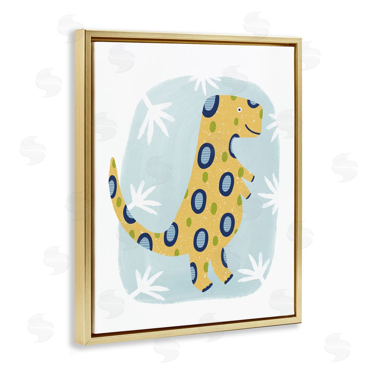 T-Rex with Leaves Gold Floating Frame Canvas Wall Art, Home Decor by Lisa Nohren