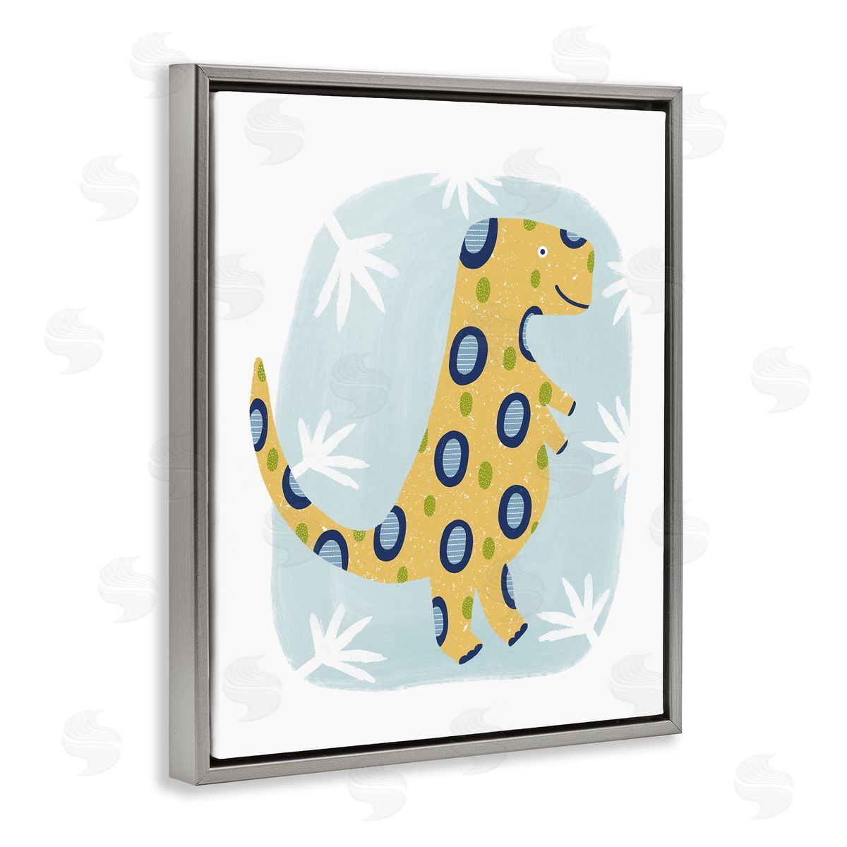 T-Rex with Leaves Grey Floating Frame Canvas Wall Art, Home Decor by Lisa Nohren