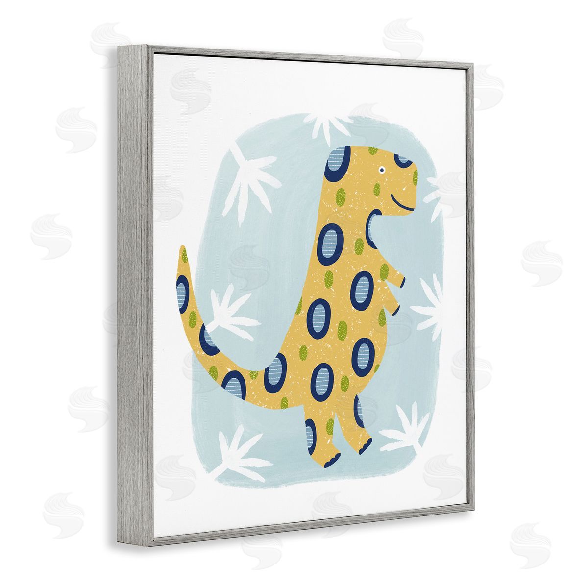 T-Rex with Leaves Grey Frame Print Wall Art, Home Decor by Lisa Nohren