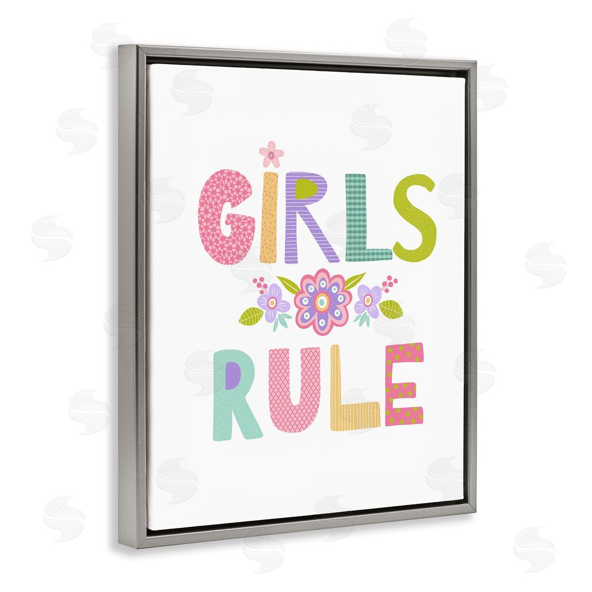 Girls Rule with Flowers Grey Floating Frame Canvas Wall Art, Home Decor by Lisa Nohren