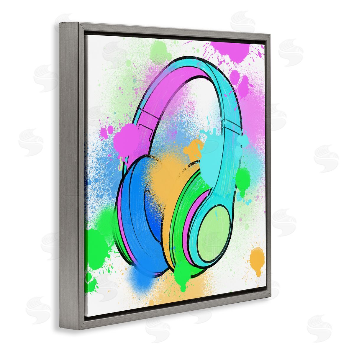 Marcus Prime Splattered Music Headphones Gray Floating Frame Canvas Wall Art Print