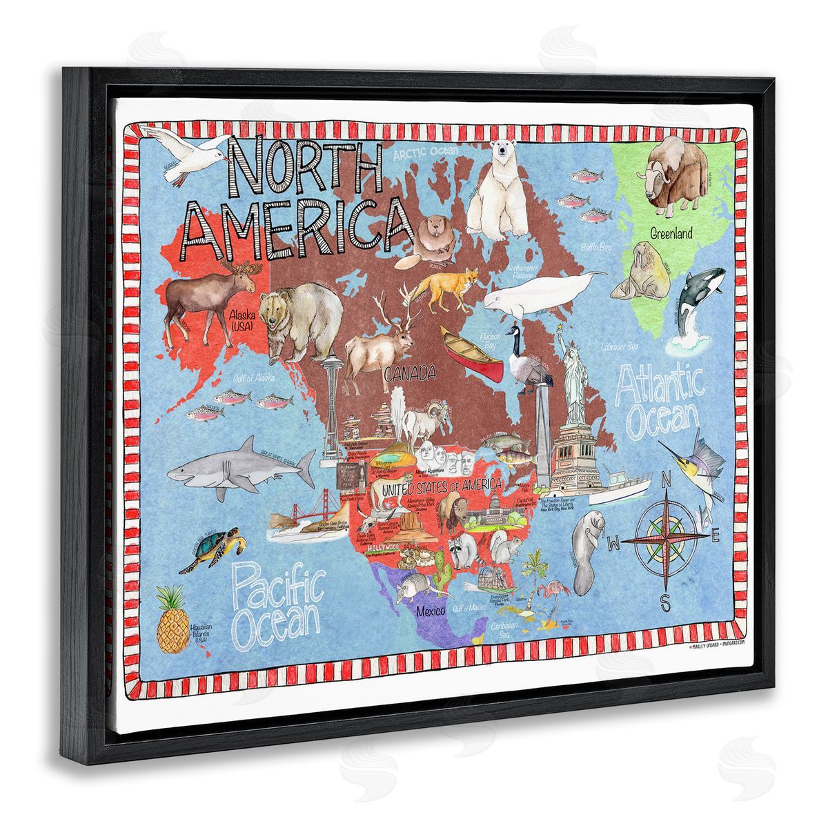 North America Map Black Floating Frame Canvas Wall Art, Home Decor by Marley Ungaro