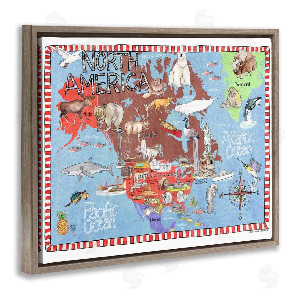 North America Map Brown Floating Frame Canvas Wall Art, Home Decor by Marley Ungaro