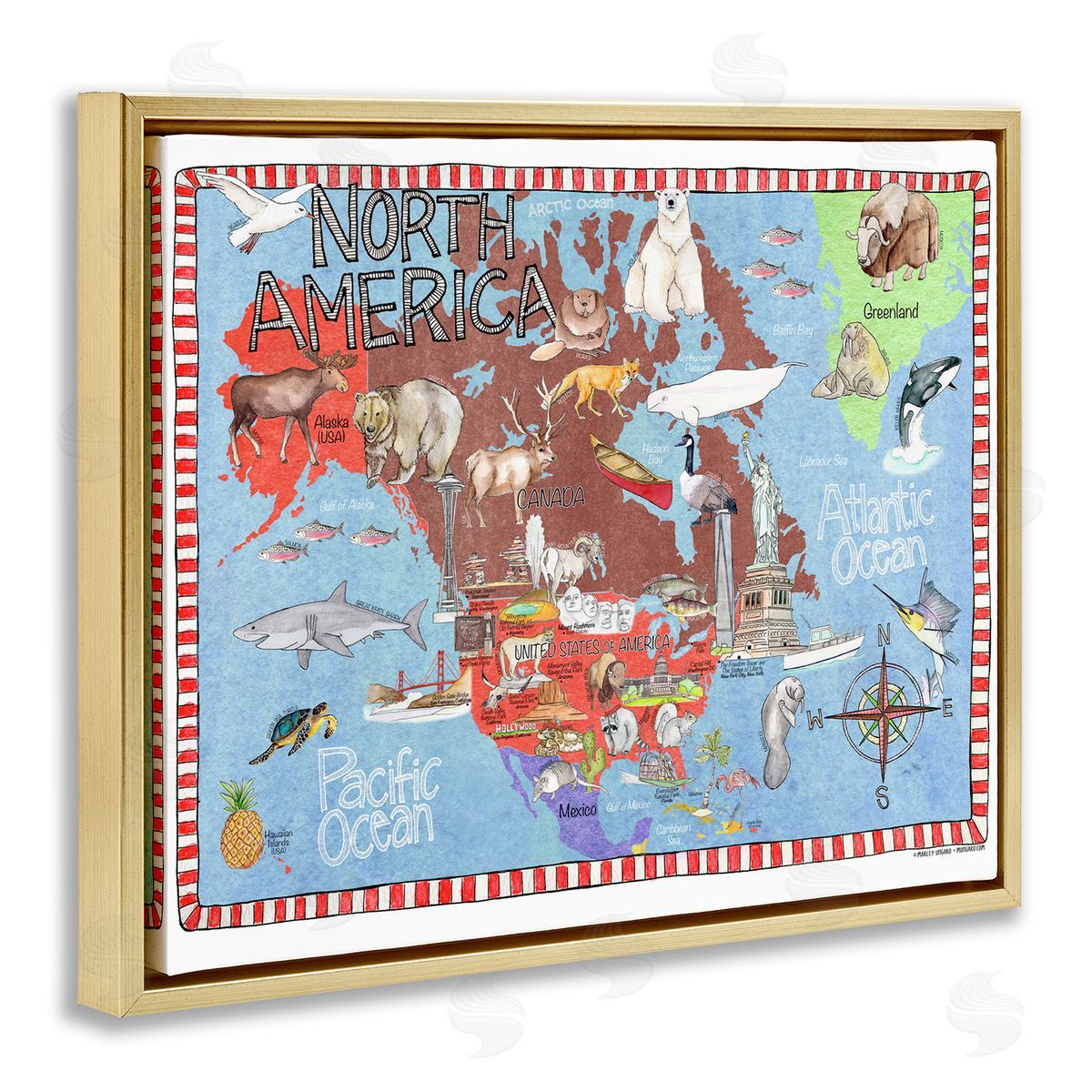 North America Map Gold Floating Frame Canvas Wall Art, Home Decor by Marley Ungaro