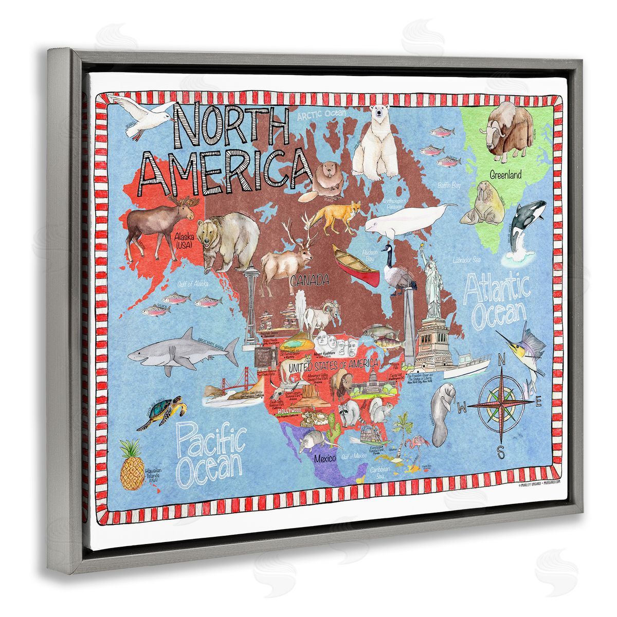 North America Map Grey Floating Frame Canvas Wall Art, Home Decor by Marley Ungaro