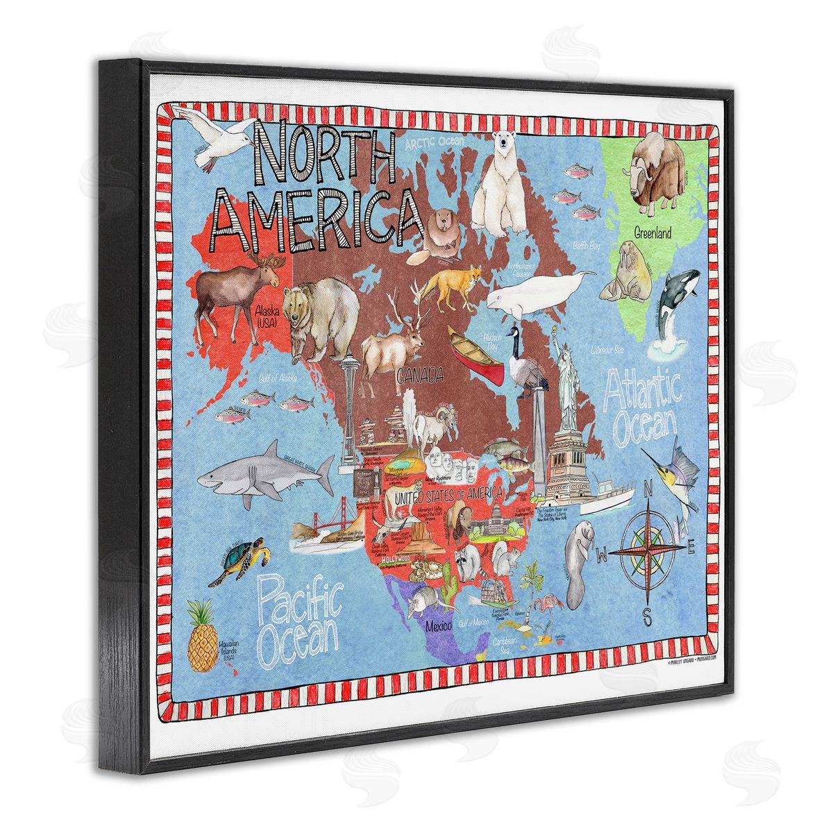 North America Map Black Frame Print Wall Art, Home Decor by Marley Ungaro