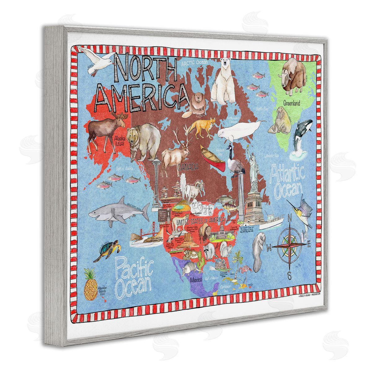 North America Map Grey Frame Print Wall Art, Home Decor by Marley Ungaro