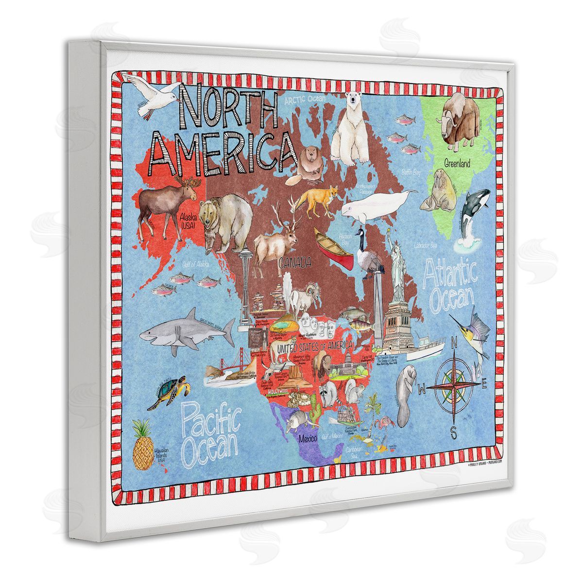 North America Map White Frame Print Wall Art, Home Decor by Marley Ungaro