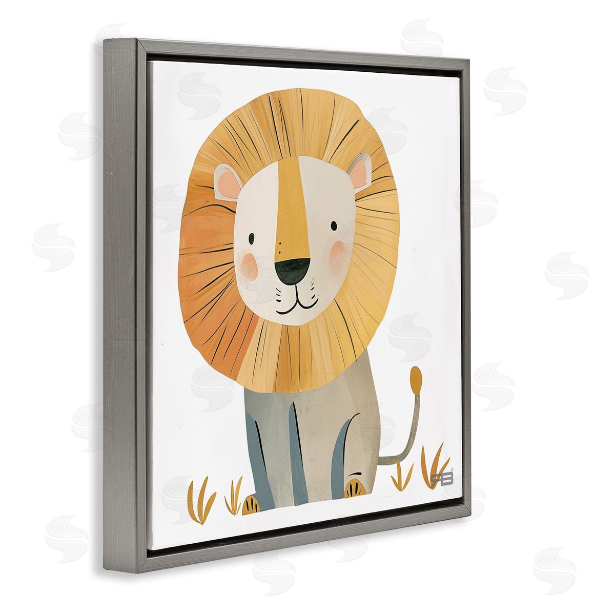 RB Smiling Whimsical Lion Gray Floating Frame Canvas Wall Art Print