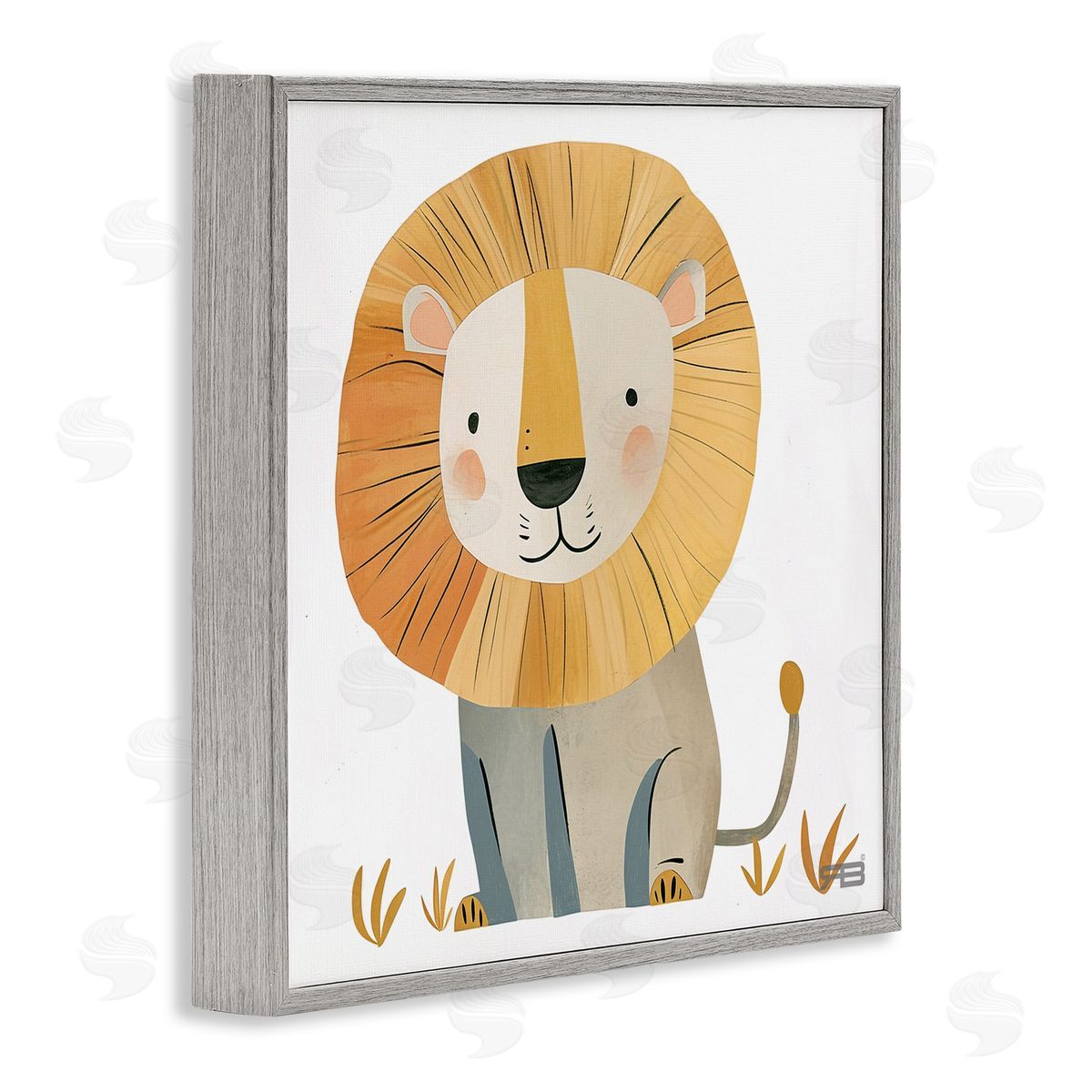 RB Smiling Whimsical Lion Gray Framed Giclee Wall Art Print