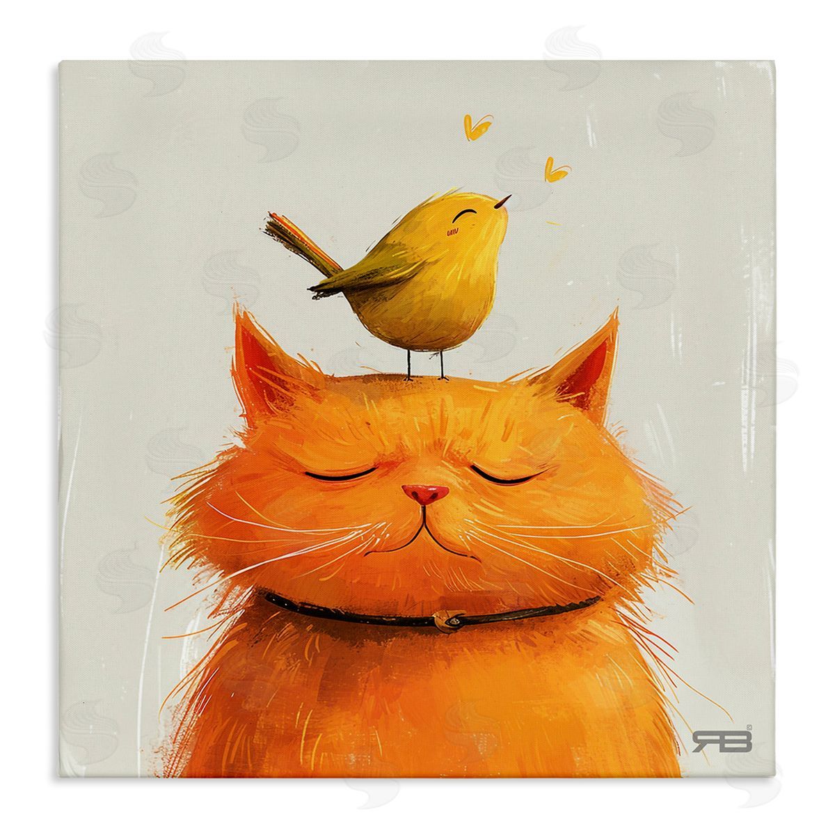 RB Bird Perched on Cat Canvas Wall Art Print