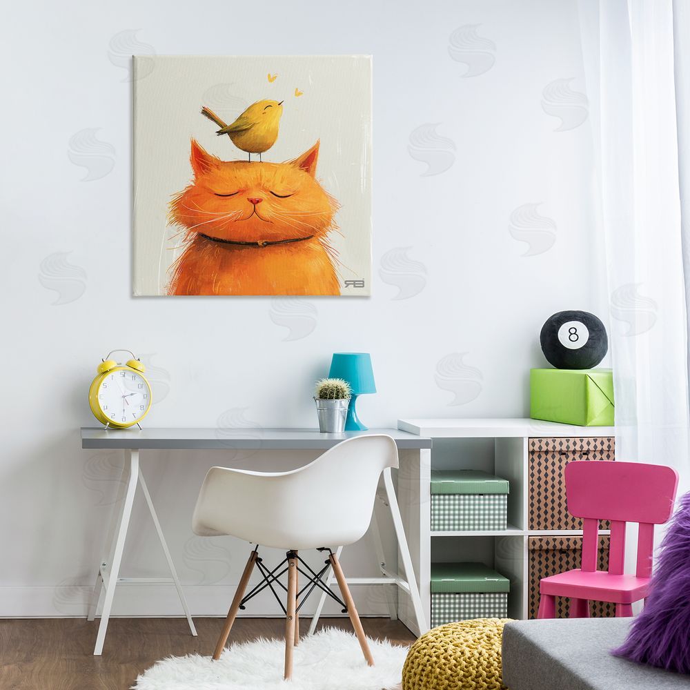 RB Bird Perched on Cat Canvas Wall Art Print in Room