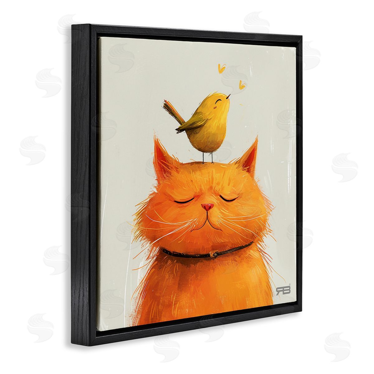 RB Bird Perched on Cat Black Floating Frame Canvas Wall Art Print