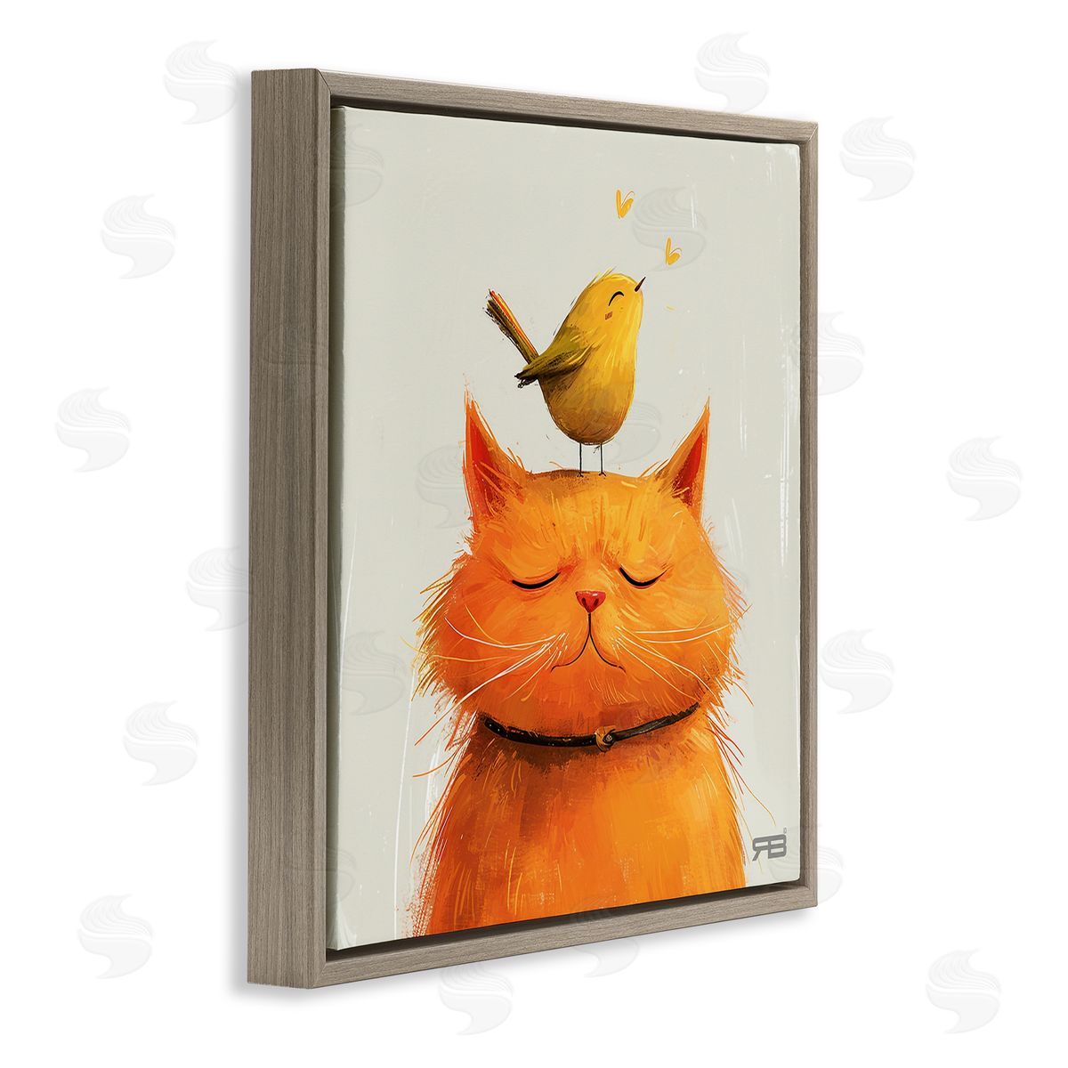 RB Bird Perched on Cat Brown Floating Frame Canvas Wall Art Print