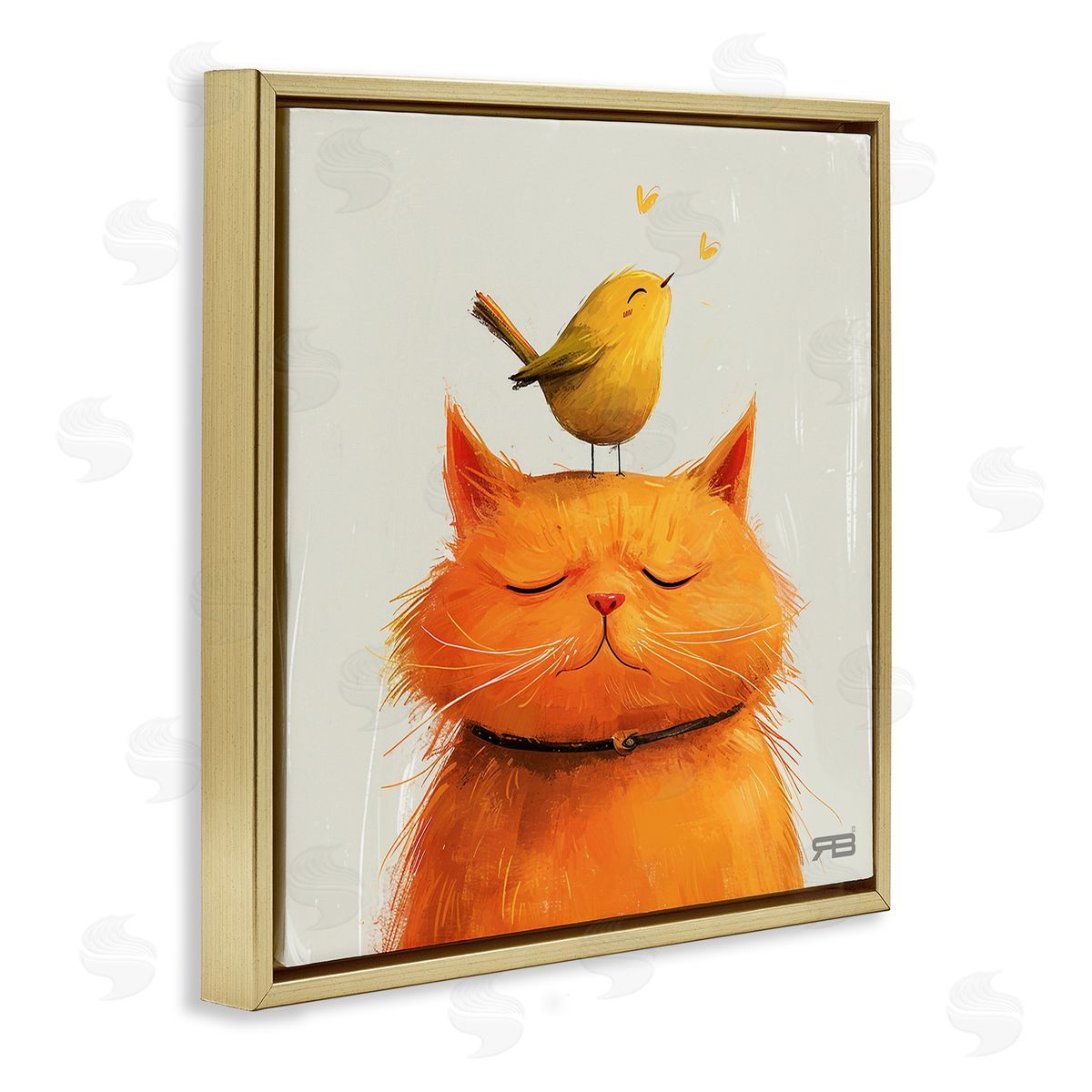 RB Bird Perched on Cat Gold Floating Frame Canvas Wall Art Print