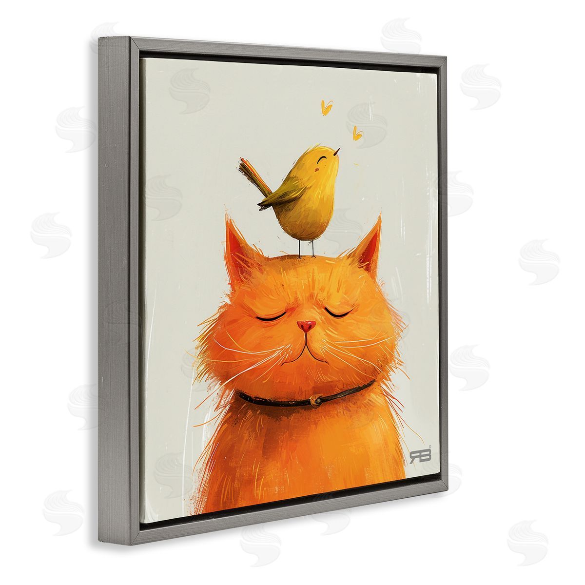 RB Bird Perched on Cat Gray Floating Frame Canvas Wall Art Print