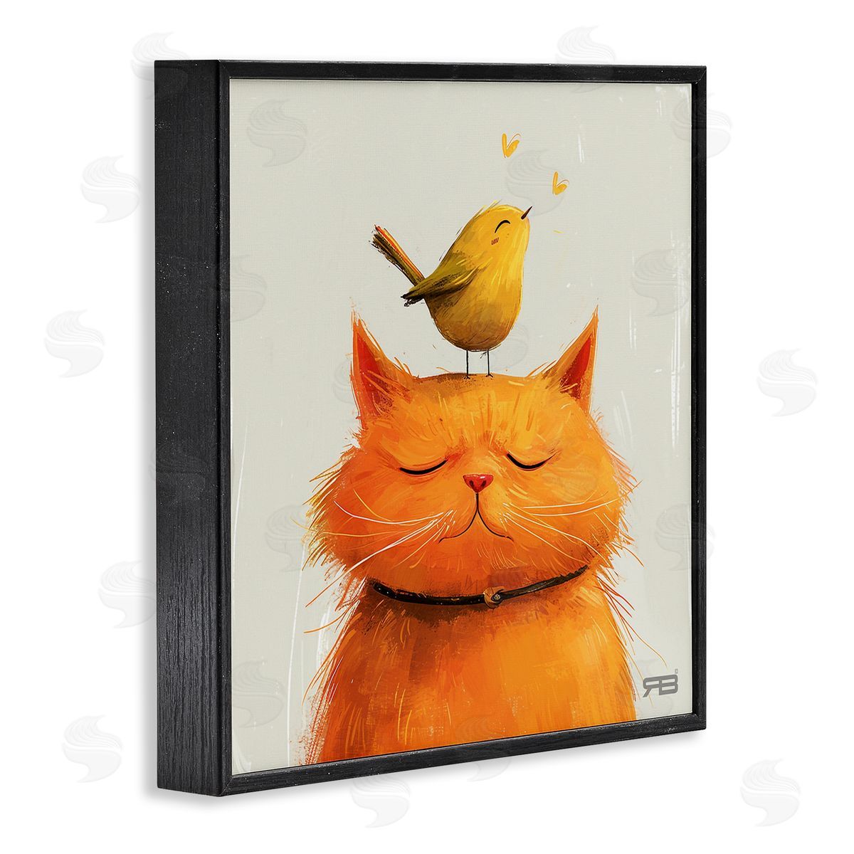 RB Bird Perched on Cat Black Framed Giclee Wall Art Print