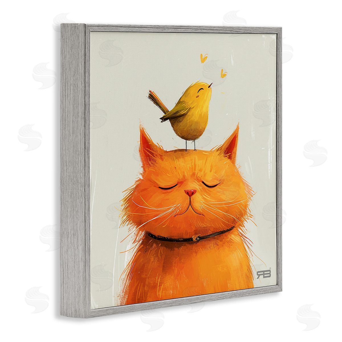 RB Bird Perched on Cat Gray Framed Giclee Wall Art Print