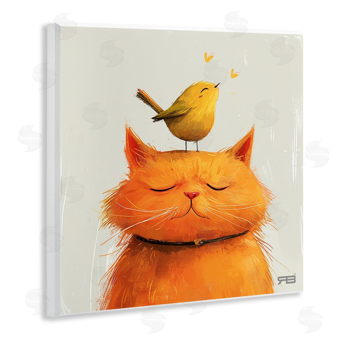 RB Bird Perched on Cat Wooden Wall Plaque Art Print