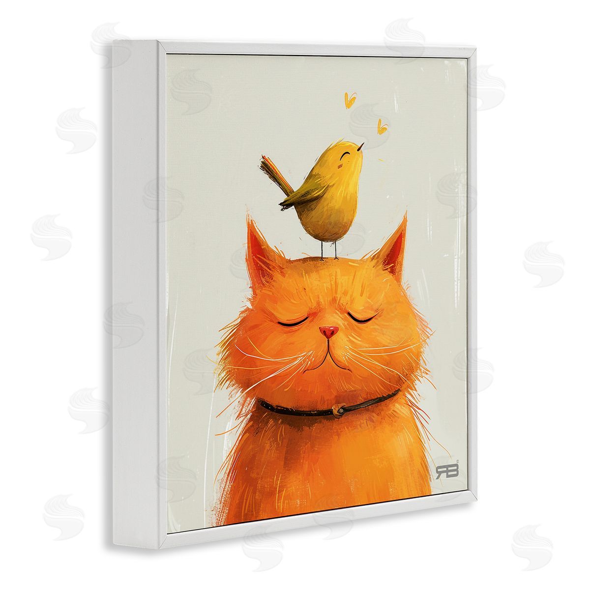 RB Bird Perched on Cat White Framed Giclee Wall Art Print