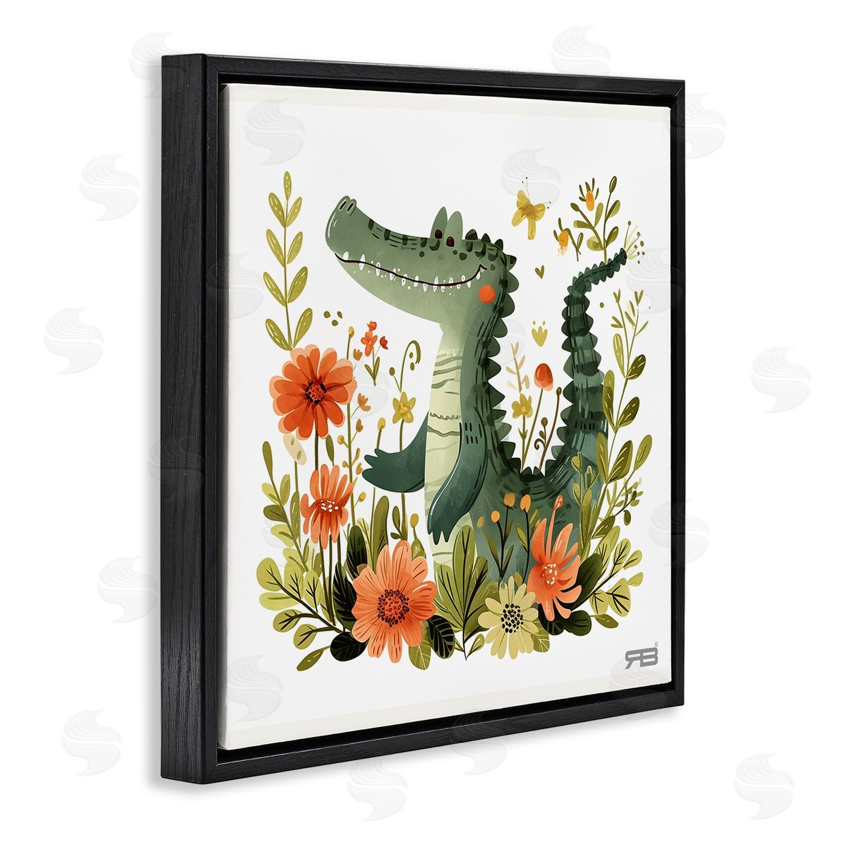 RB Floral Happy Alligator Black Floating Frame Canvas Wall Art Print