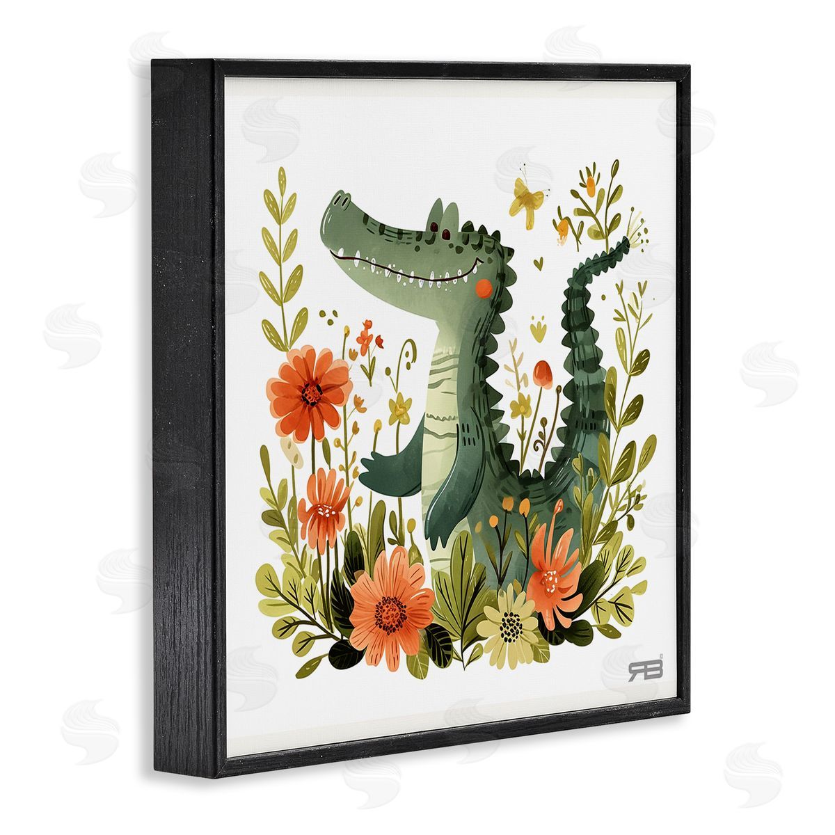 RB Floral Happy Alligator Black Framed Giclee Wall Art Print