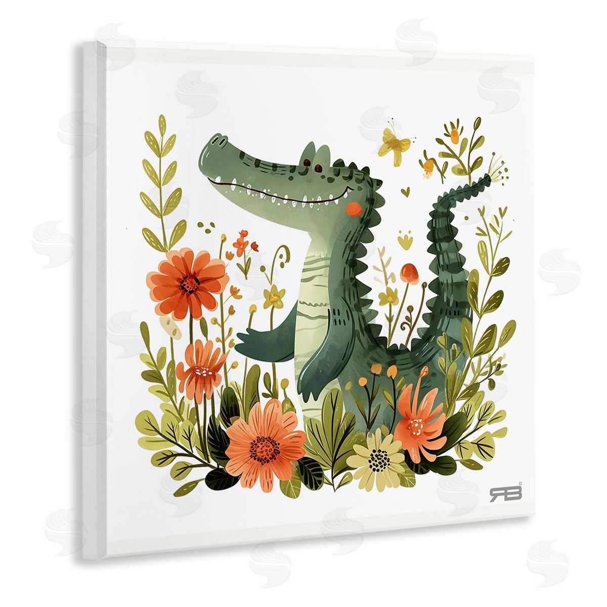 RB Floral Happy Alligator Wooden Wall Plaque Art Print