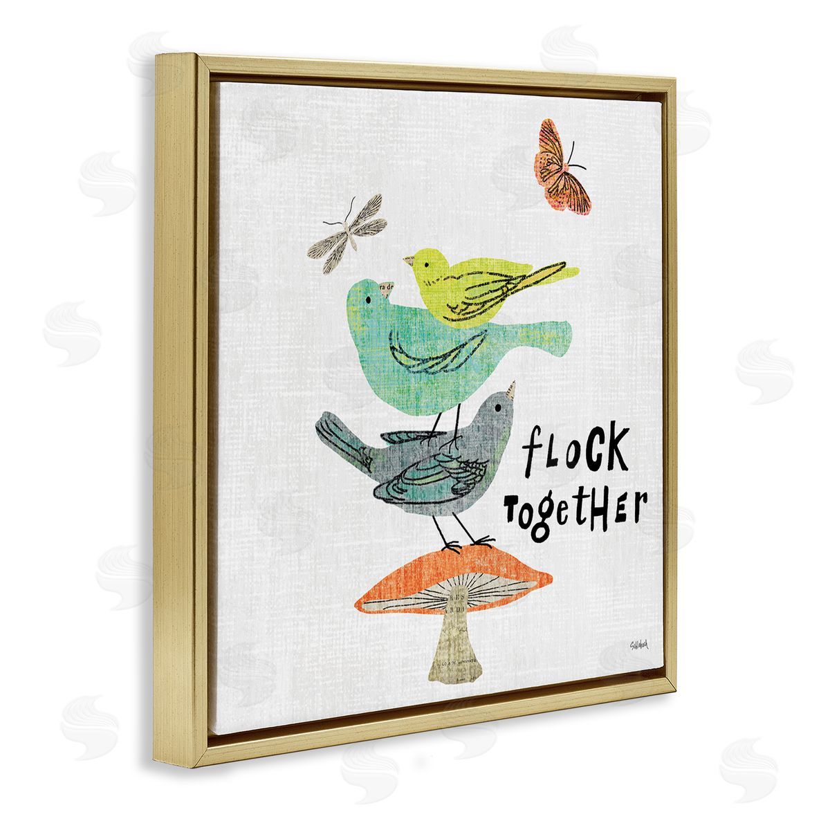 Sue Schlabach Flock Together Birds Gold Floating Frame Canvas Wall Art Print