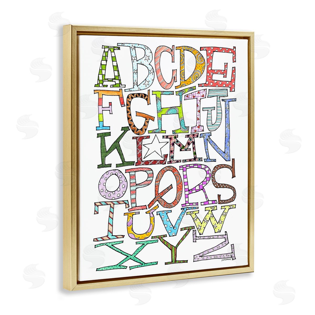 Whimsical Patterned Letters Gold Floating Frame Canvas Wall Art, Home Decor by Marley Ungaro