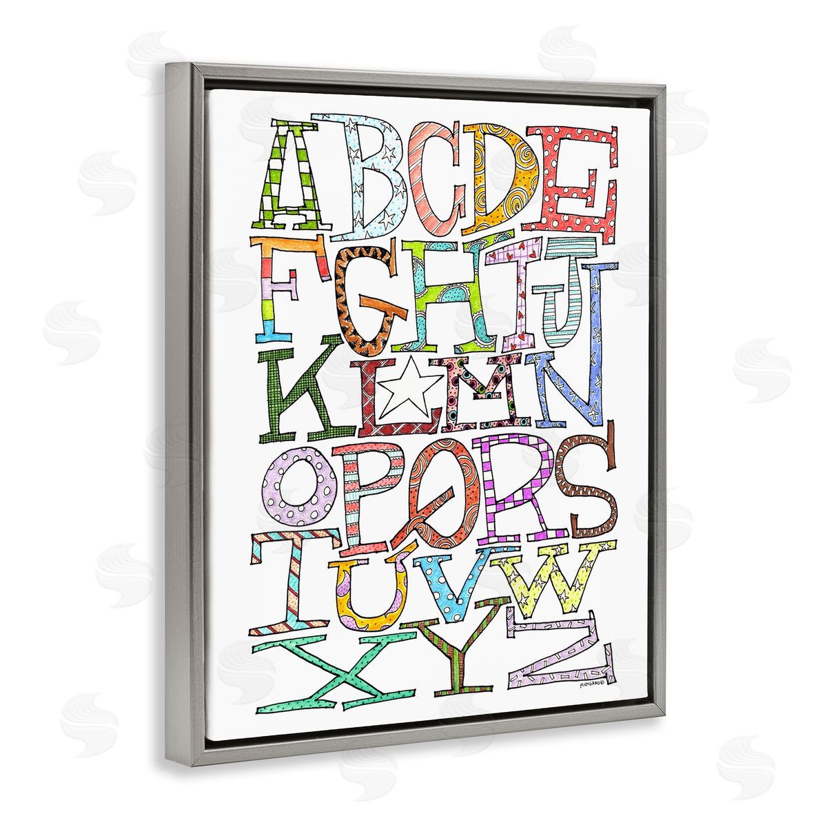 Whimsical Patterned Letters Grey Floating Frame Canvas Wall Art, Home Decor by Marley Ungaro