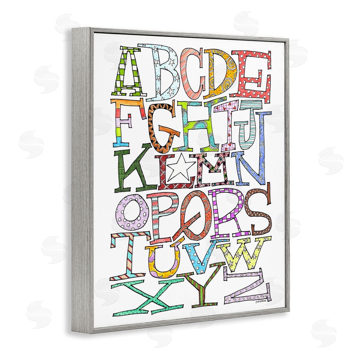 Whimsical Patterned Letters Grey Frame Print Wall Art, Home Decor by Marley Ungaro