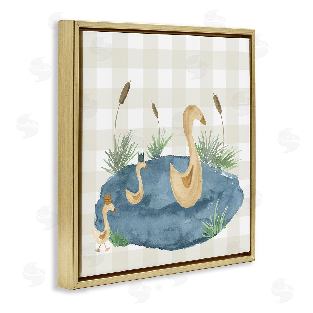 Lucille Price Duck Family in Pond Gold Floating Frame Canvas Wall Art Print