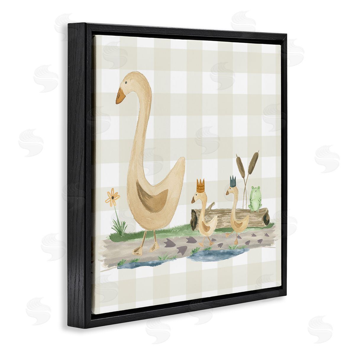 Lucille Price Ducks on Yellow Plaid Black Floating Frame Canvas Wall Art Print