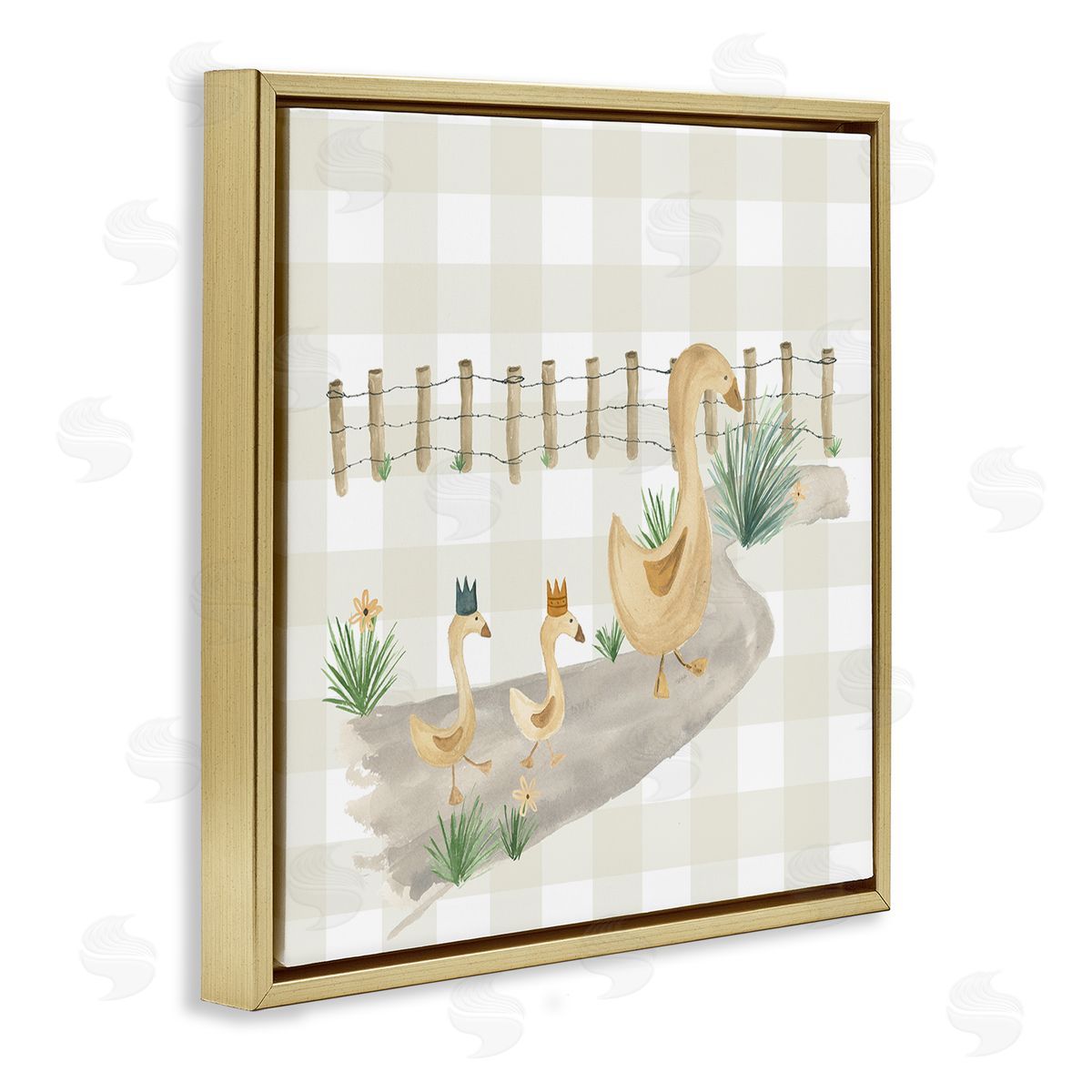 Lucille Price Duck Family Strolling Gold Floating Frame Canvas Wall Art Print
