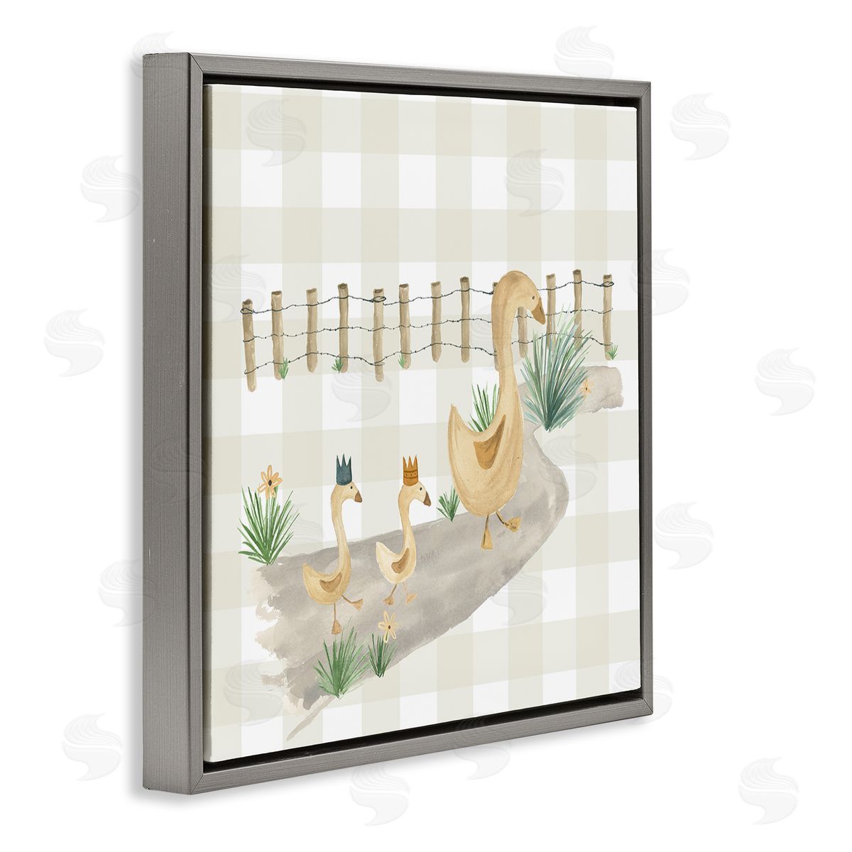 Lucille Price Duck Family Strolling Gray Floating Frame Canvas Wall Art Print