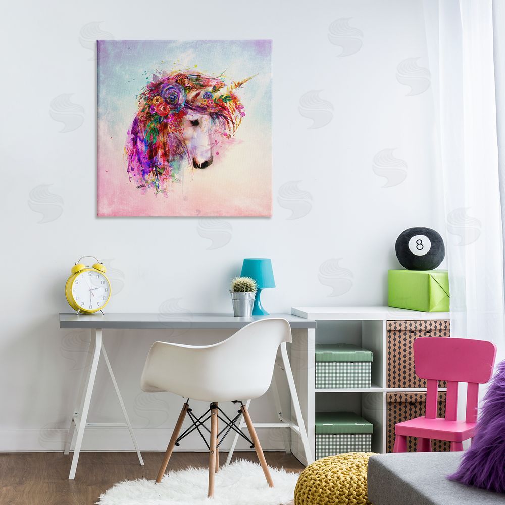 Sally Kaye Barlow/Makaio Design Abstract Unicorn with Florals Canvas Wall Art Print in Room