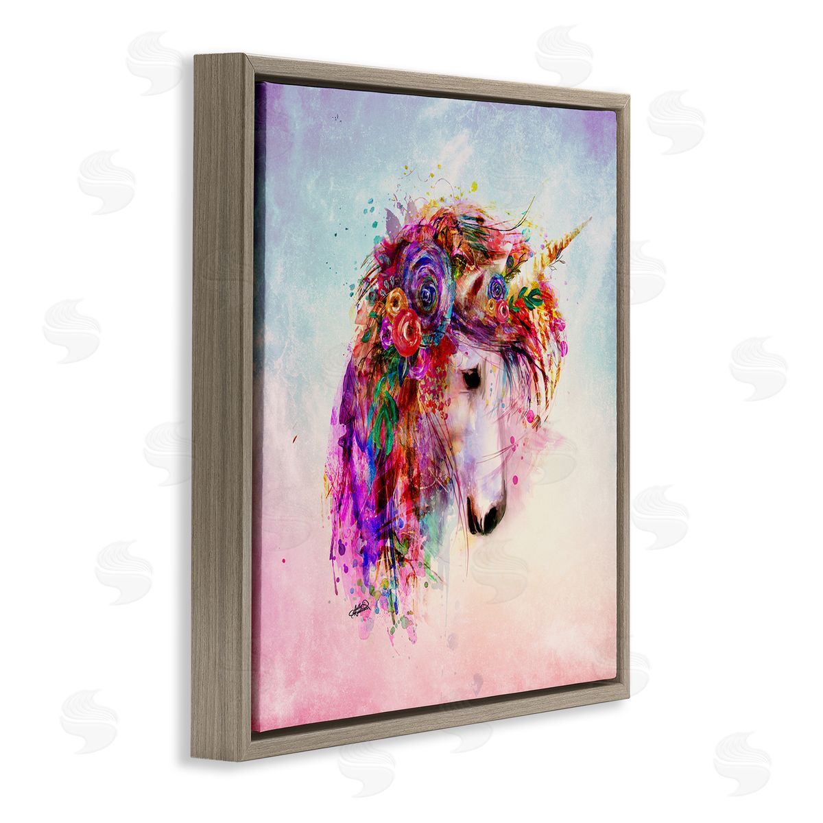 Sally Kaye Barlow/Makaio Design Abstract Unicorn with Florals Brown Floating Frame Canvas Wall Art Print