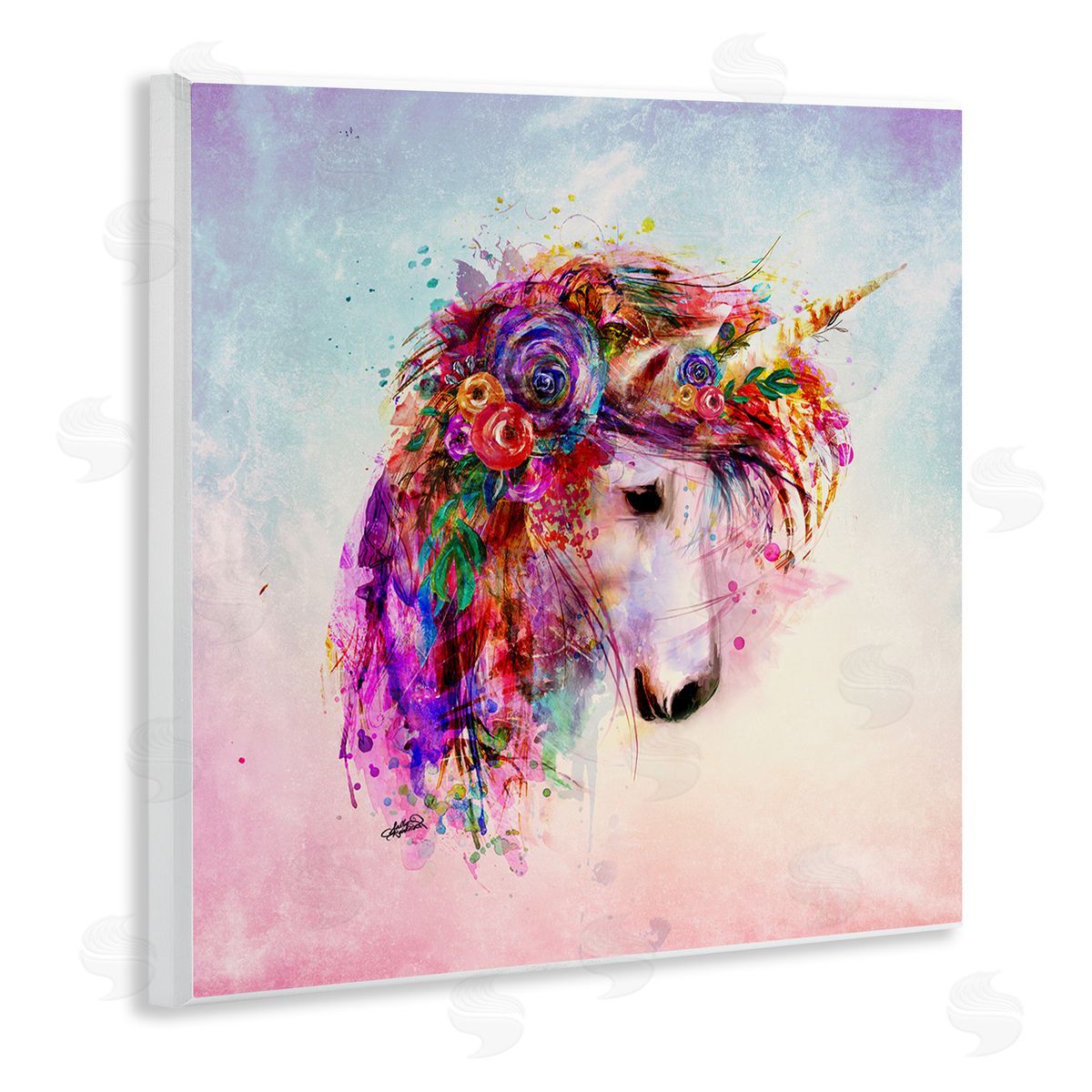 Sally Kaye Barlow/Makaio Design Abstract Unicorn with Florals Wooden Wall Plaque Art Print