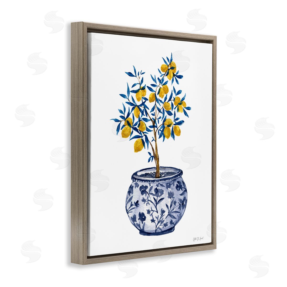 Lemon Tree in Chinoiserie Brown Floating Frame Canvas Wall Art, Home Decor by Yvette St. Amant