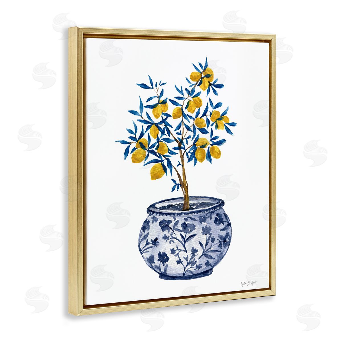 Lemon Tree in Chinoiserie Gold Floating Frame Canvas Wall Art, Home Decor by Yvette St. Amant