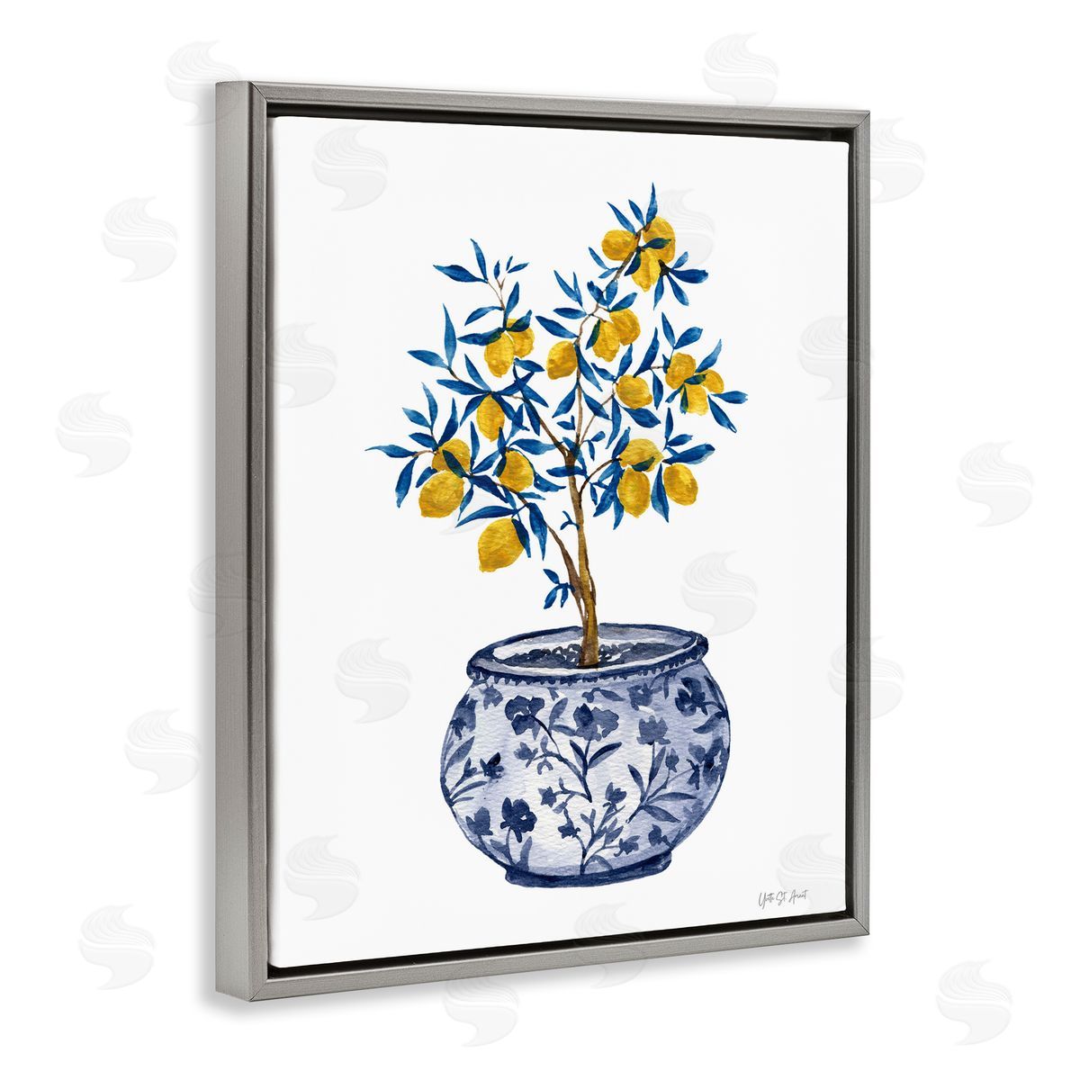 Lemon Tree in Chinoiserie Grey Floating Frame Canvas Wall Art, Home Decor by Yvette St. Amant