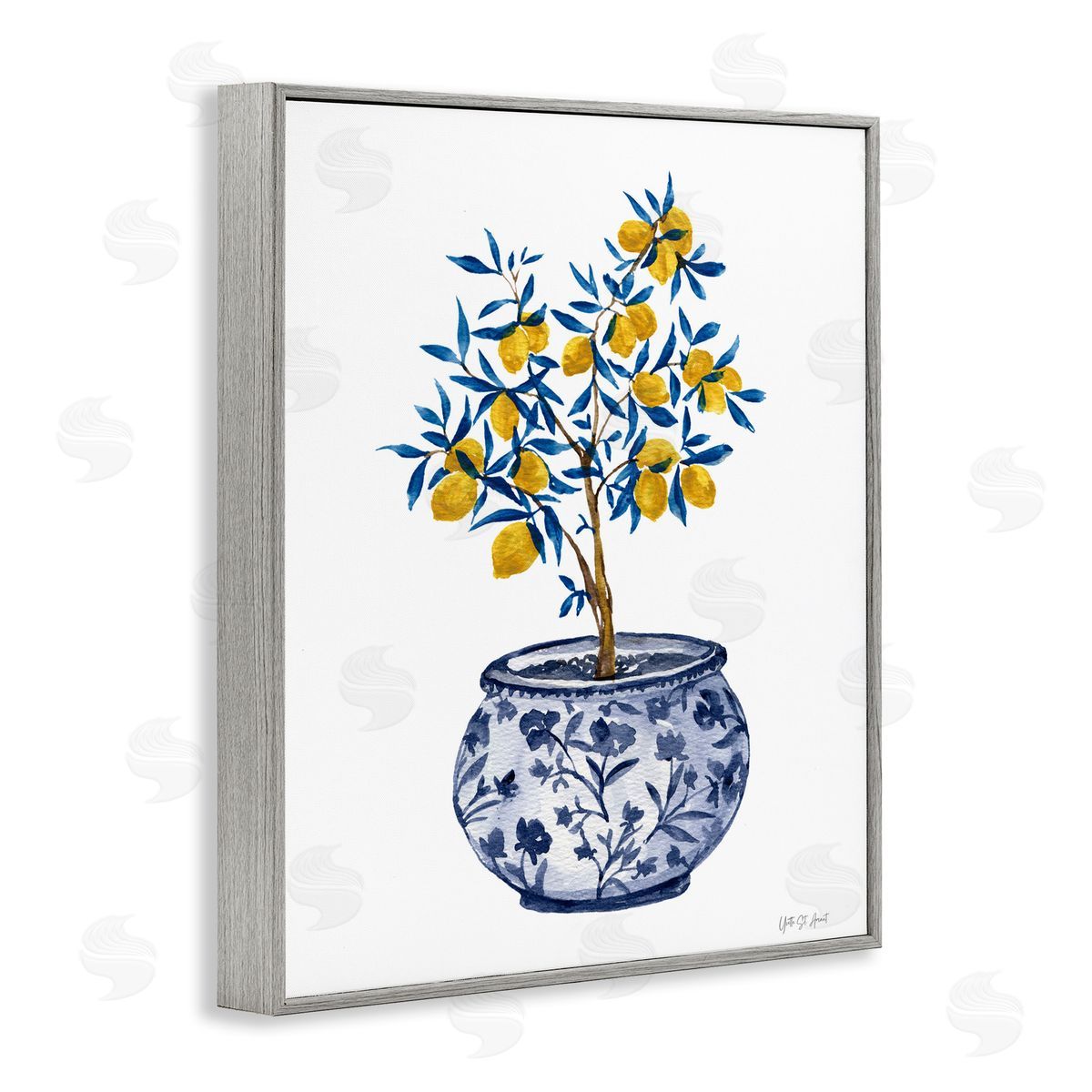 Lemon Tree in Chinoiserie Grey Frame Print Wall Art, Home Decor by Yvette St. Amant