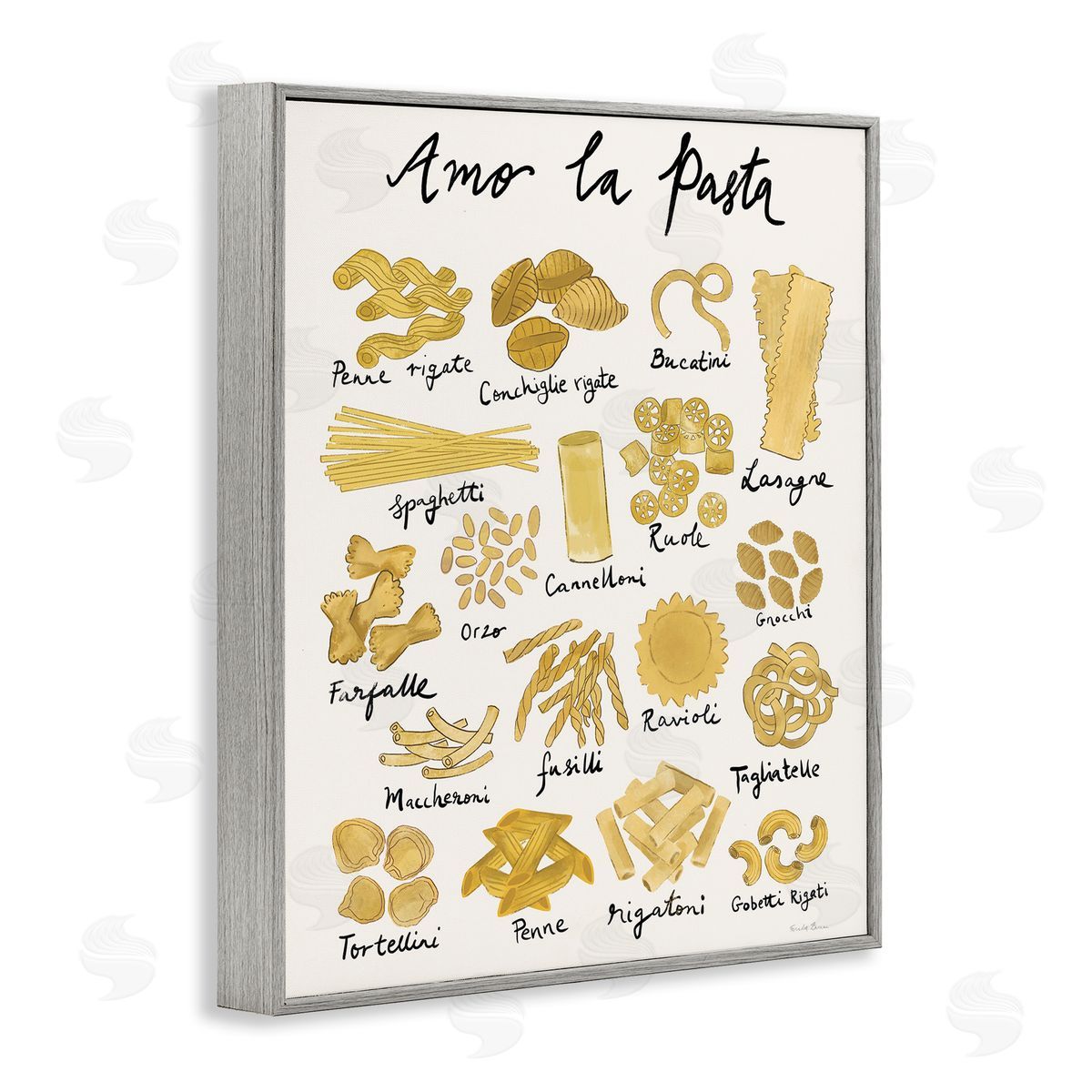 Amor La Pasta Chart Grey Frame Print Wall Art, Home Decor by Farida Zaman