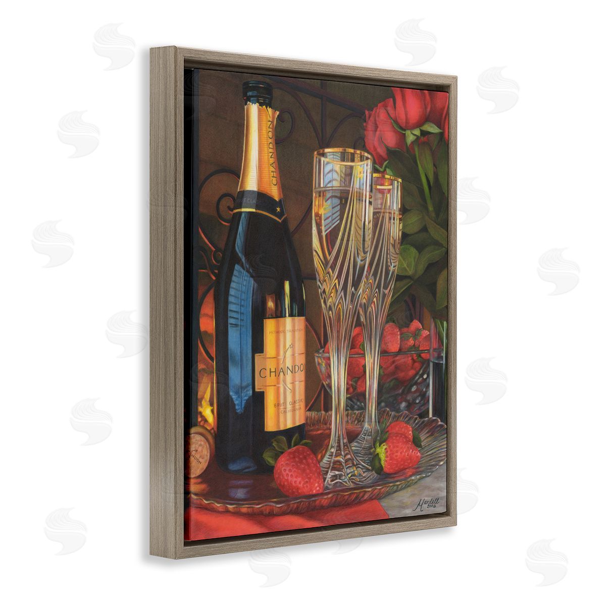 Romantic Champagne Pair Brown Floating Frame Canvas Wall Art, Home Decor by Mardell Schuster