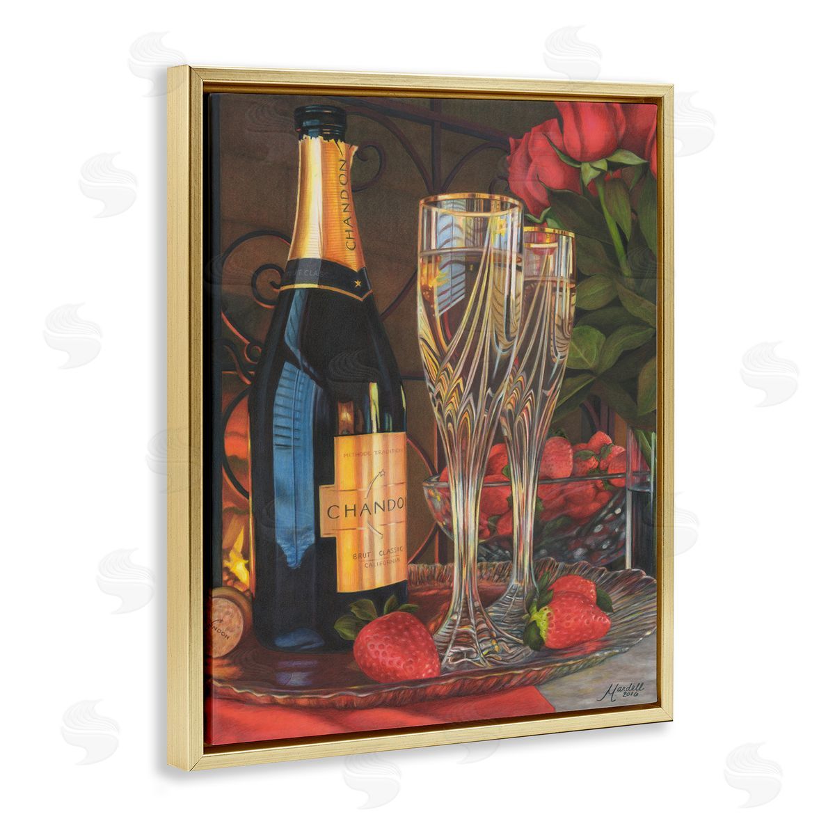 Romantic Champagne Pair Gold Floating Frame Canvas Wall Art, Home Decor by Mardell Schuster