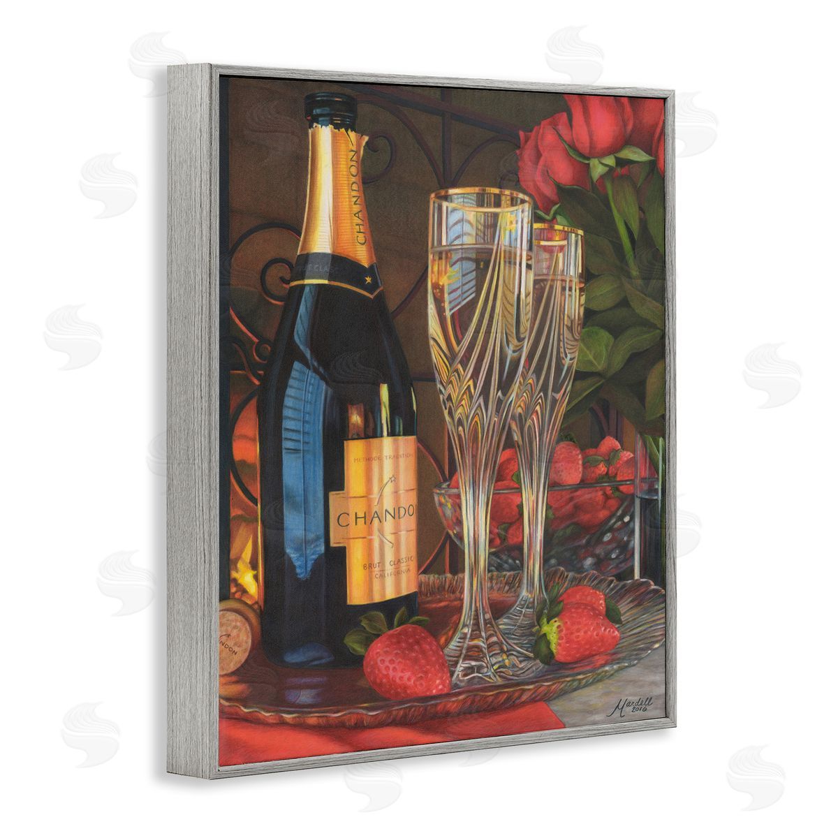 Romantic Champagne Pair Grey Frame Print Wall Art, Home Decor by Mardell Schuster
