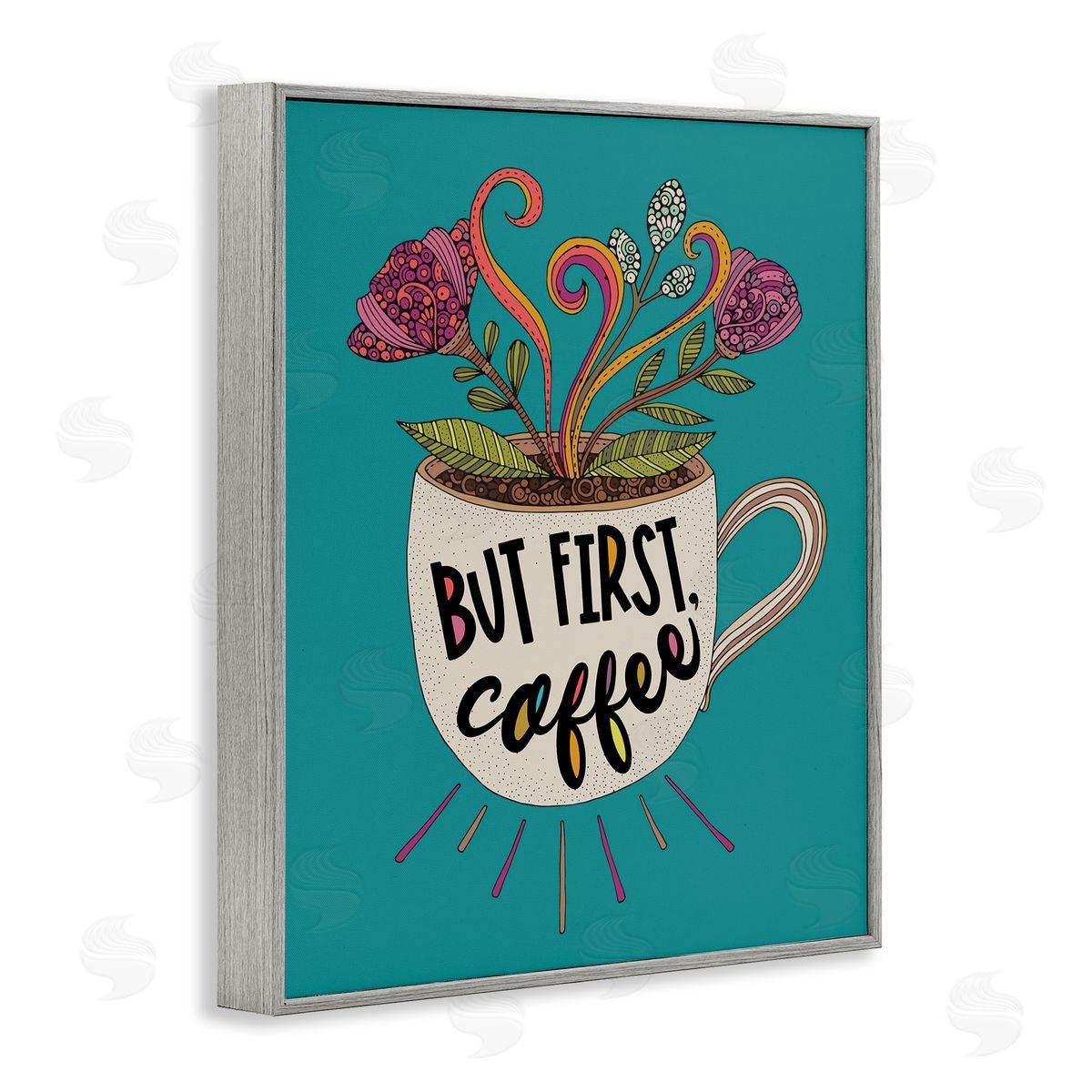 First Coffee with Florals Grey Frame Print Wall Art, Home Decor by Valentina Harper